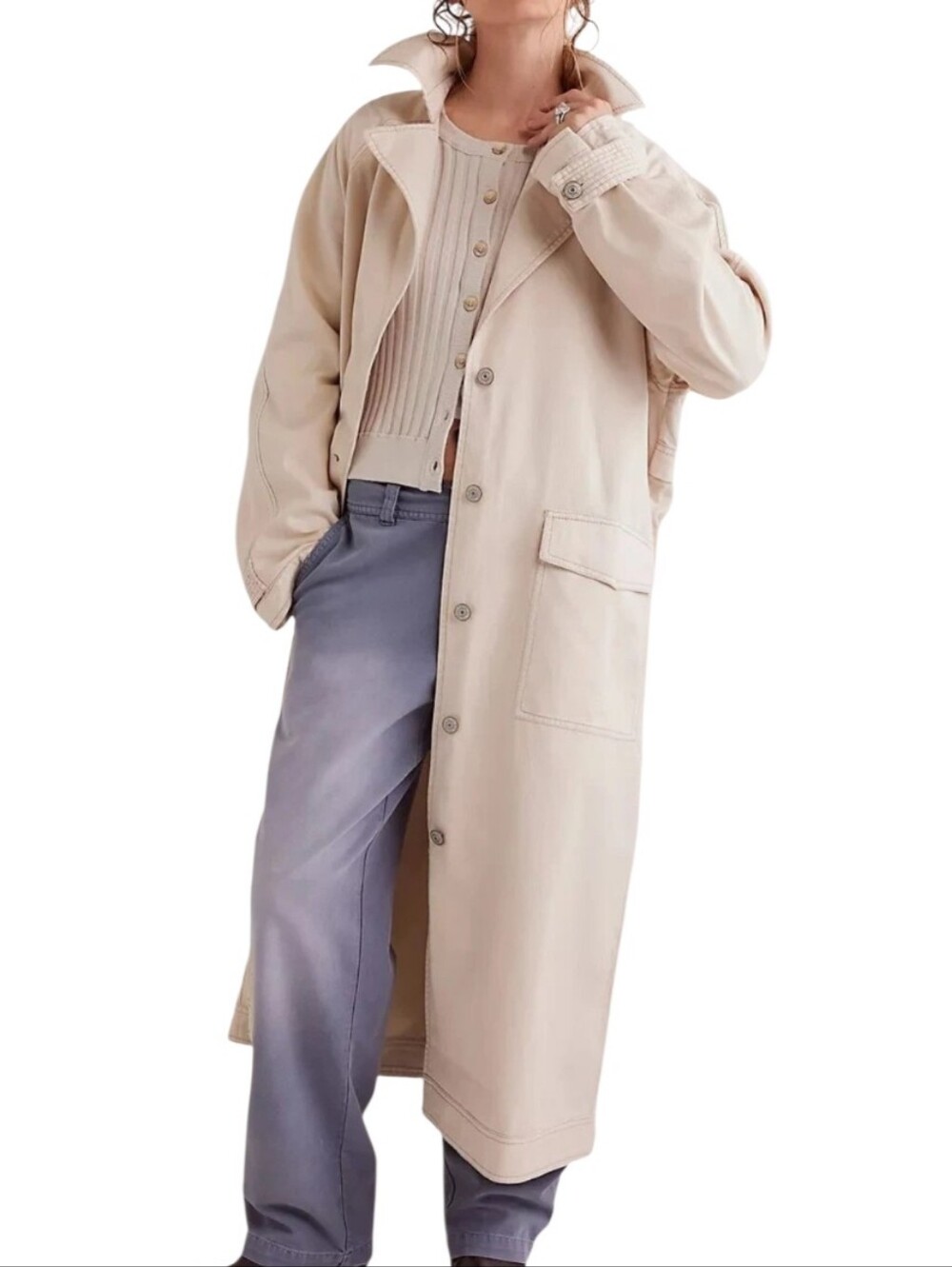 Free People Perry Military Duster Trench Coat in French Oat Size M Grunge Denim